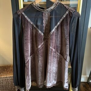 POL Sheer Black and Velvet Brown Blouse